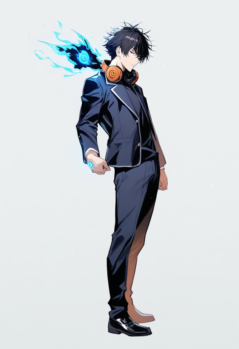 A cursed speech user with spiky orange hair, headphones around neck, casual black hoodie under uniform jacket, snake-eye seal