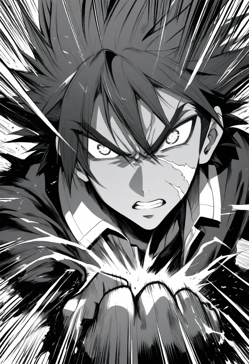 Shonen hero with spiky hair and a scar across his cheek, intense determined eyes, clenched fist glowing with energy, dramatic speed lines