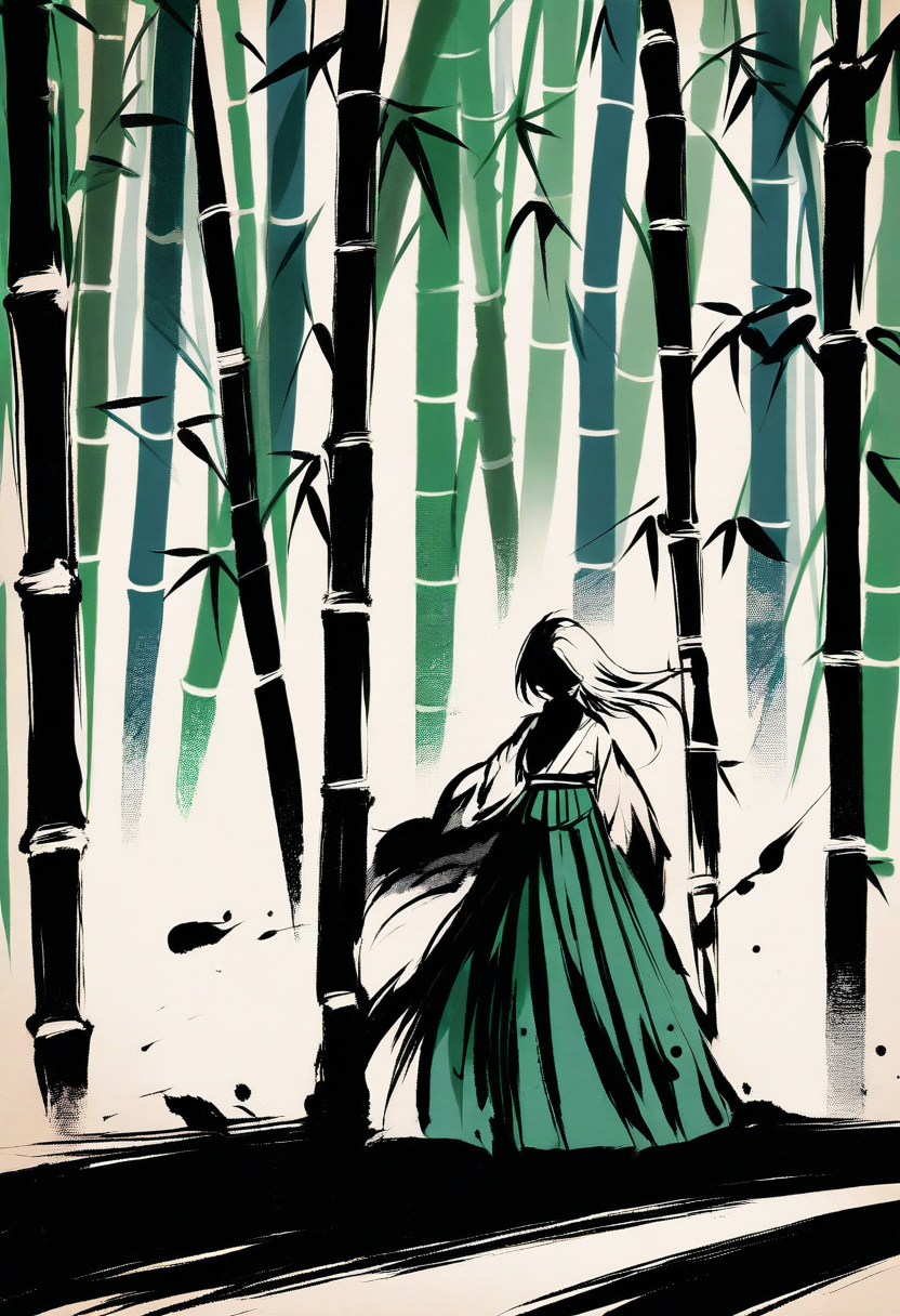 Lone samurai standing in a bamboo grove, katana at rest, wind blowing through hakama, ink wash style, dramatic shadows
