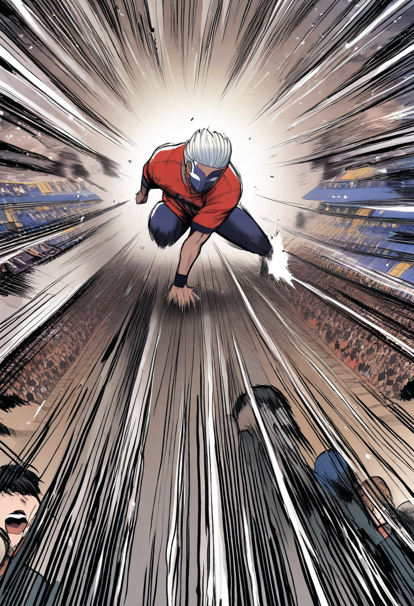 Energetic sports manga panel, a volleyball player mid-spike, dynamic action pose, speed lines, crowd cheering in the background