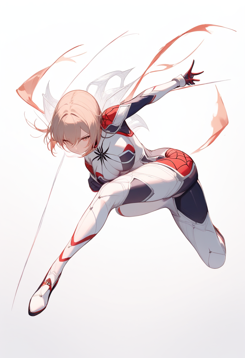A spider-themed heroine in black and white spider suit with web patterns, dynamic web-slinging pose