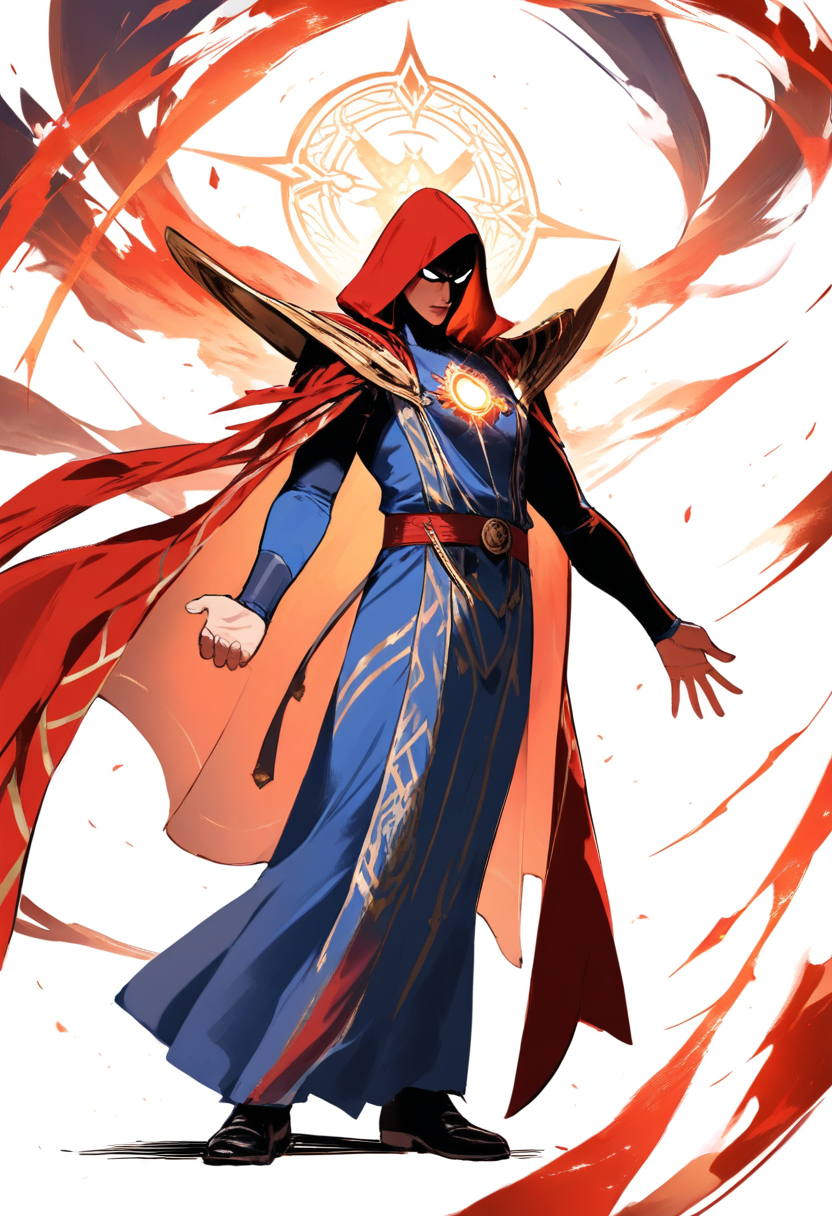 A mystical hero in green cloak with glowing runes on hands, third eye symbol, floating magical circles