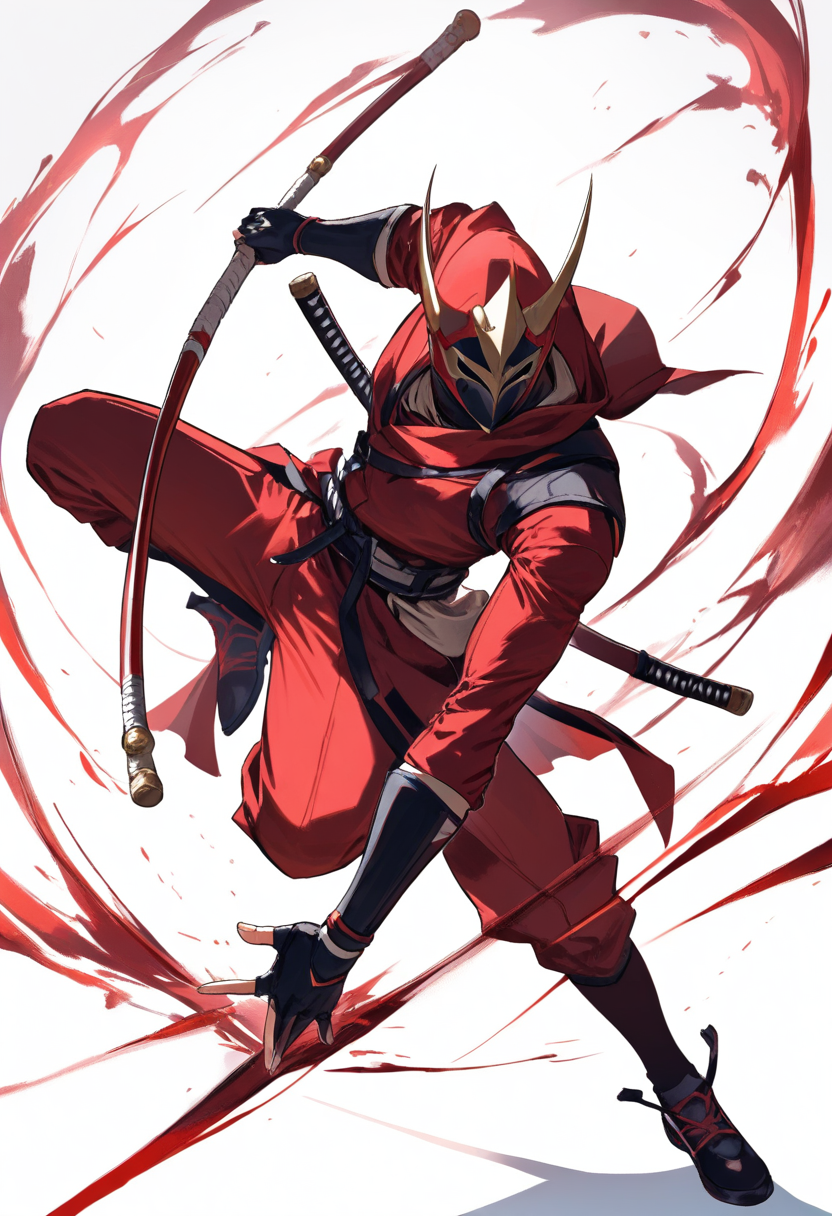 A vigilante hero in dark red suit with horned mask, batons in hands, acrobatic pose with urban ninja aesthetic