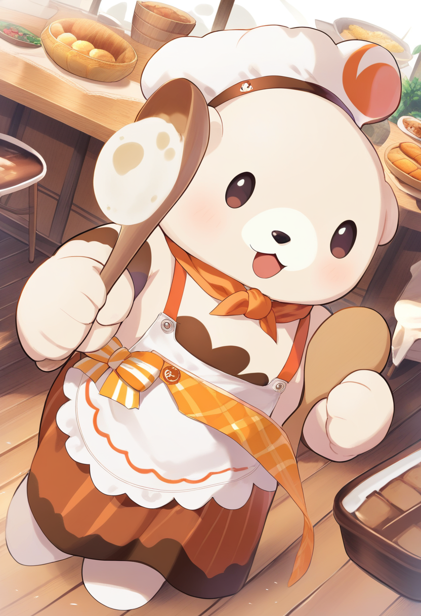 A cheerful bear chef mascot with tall white chef hat, wooden spoon, flour-dusted apron, warm bakery colors, friendly restaurant brand character