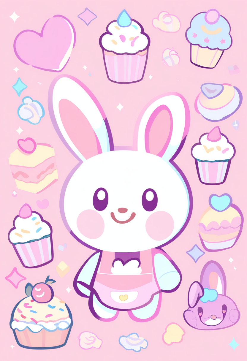 An adorable bunny bakery mascot with pastel pink apron, holding a cupcake, flour on nose, sweet smile, kawaii pastry shop character