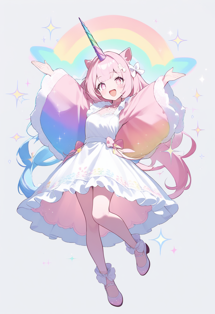 A pony girl with pastel pink skin, rainbow mane, unicorn horn, cute dress, sparkle eyes in a cheerful pose