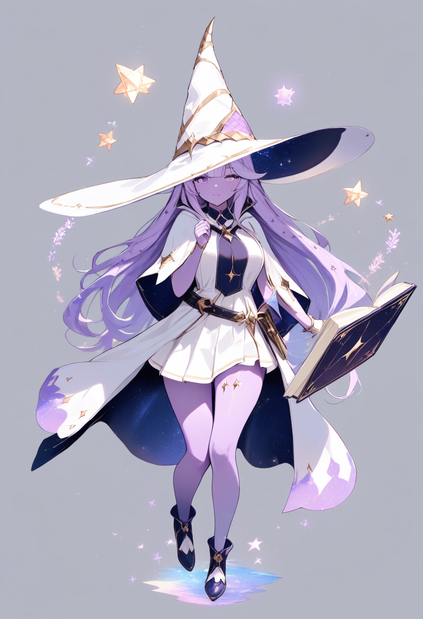 A unicorn girl with lavender skin, dark purple star-patterned hair, wizard hat, magical sparkles with a book floating nearby