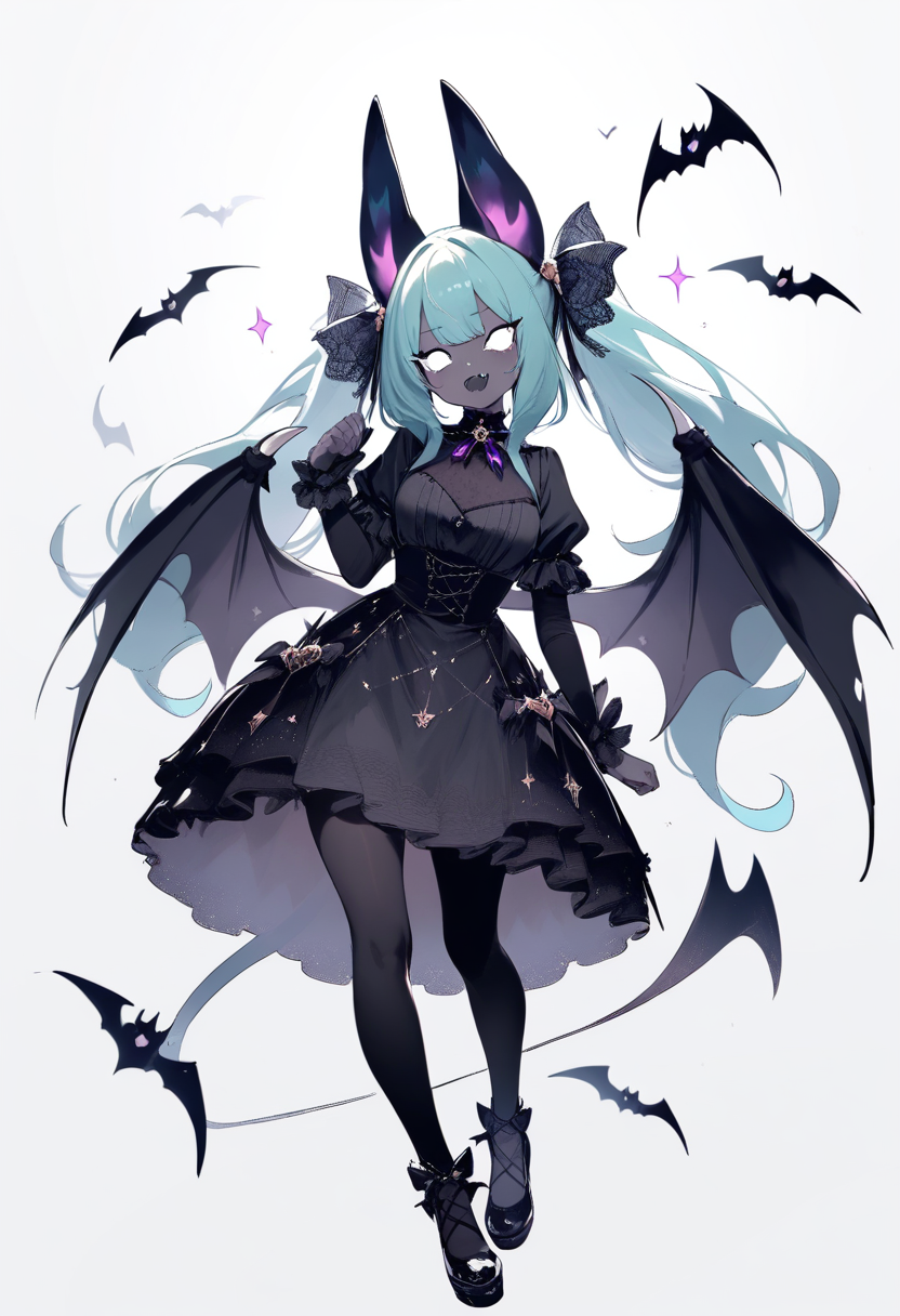 A bat pony girl with dark grey skin, teal mane, cat-like eyes, small bat wings, fangs, cute gothic outfit