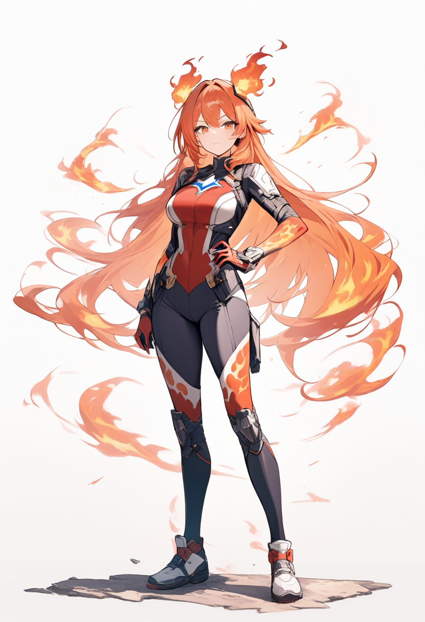 A heroine in red and white bodysuit with flame-patterned gloves, short fiery orange hair in a confident hero pose
