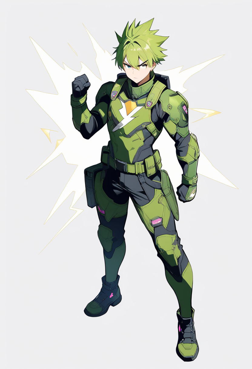 A hero in dark green tactical suit with lightning bolt patterns, spiky green hair, fist raised with determined expression