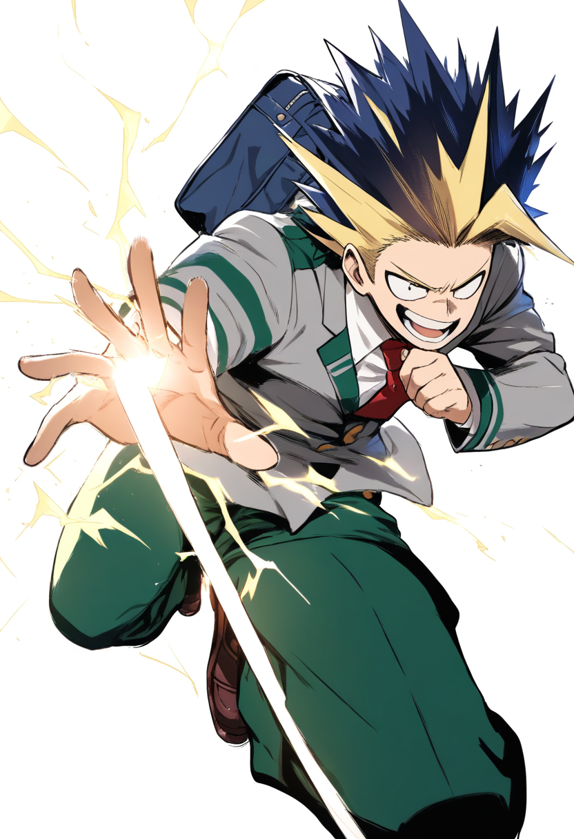 A UA student in blue blazer school uniform with red tie, messy brown hair, holding a notebook in a casual pose