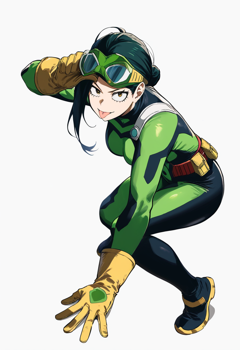A heroine in green camouflage suit with frog-like features, long dark green hair, cute playful pose