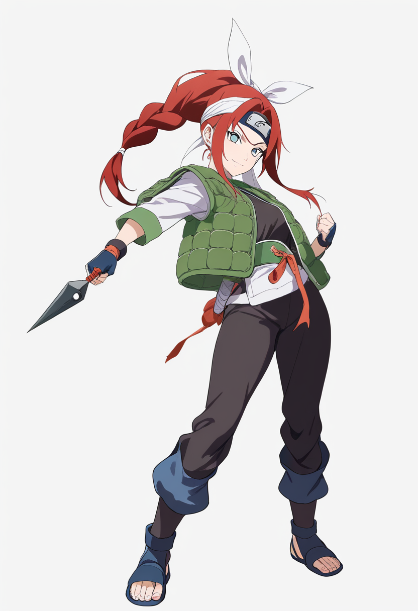 A leaf village kunoichi with long red hair in braid, green flak jacket over mesh armor, konoha headband, kunai in hand