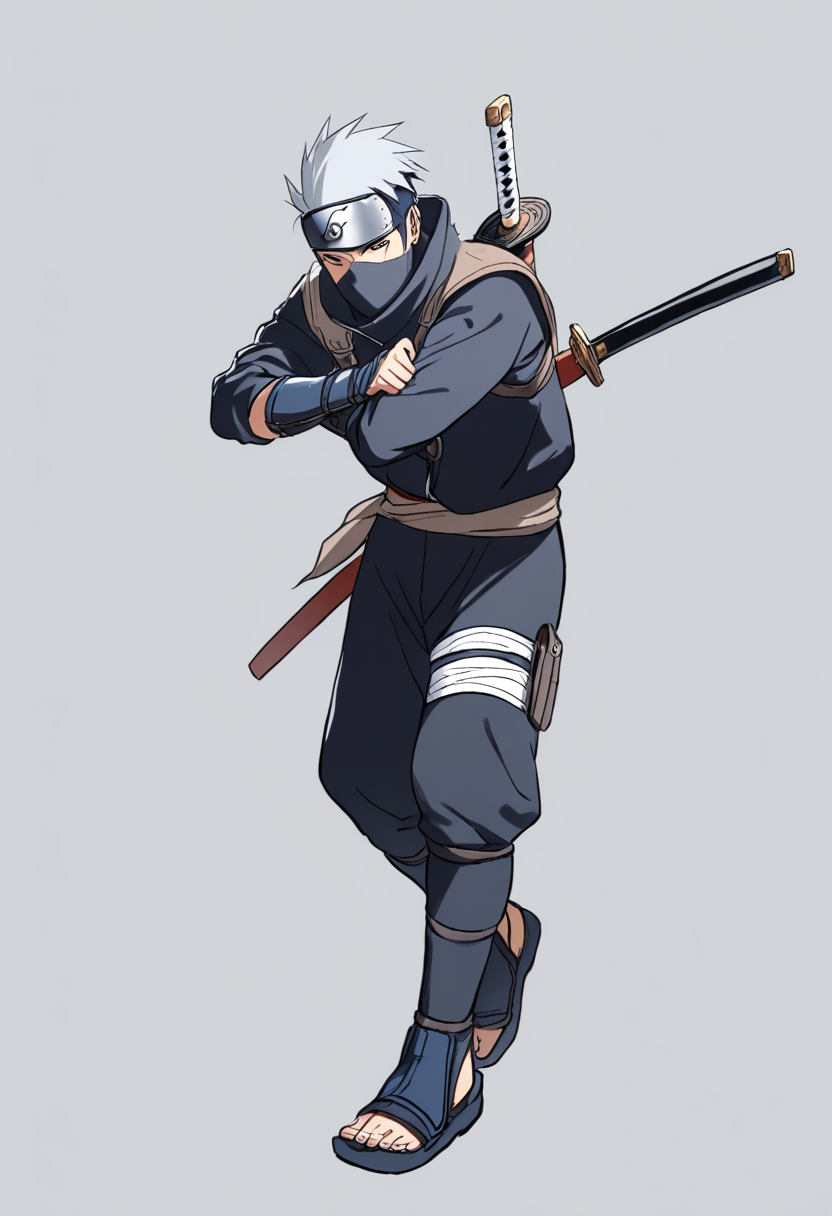 An anbu black ops ninja with white porcelain cat mask, short grey hair, tanto sword on back, dark bodysuit with arm guards