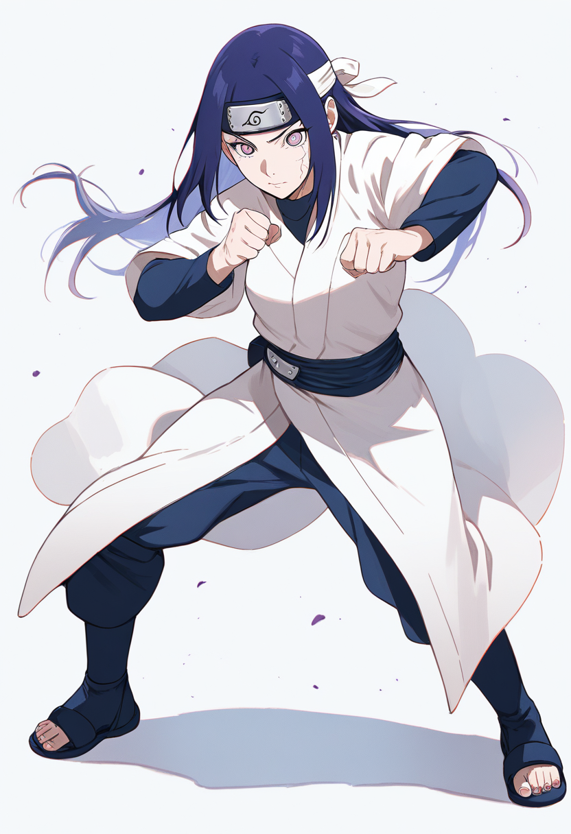 A hyuga clan member with long dark indigo hair, byakugan pale lavender eyes with veins activated, gentle fist stance, white robes