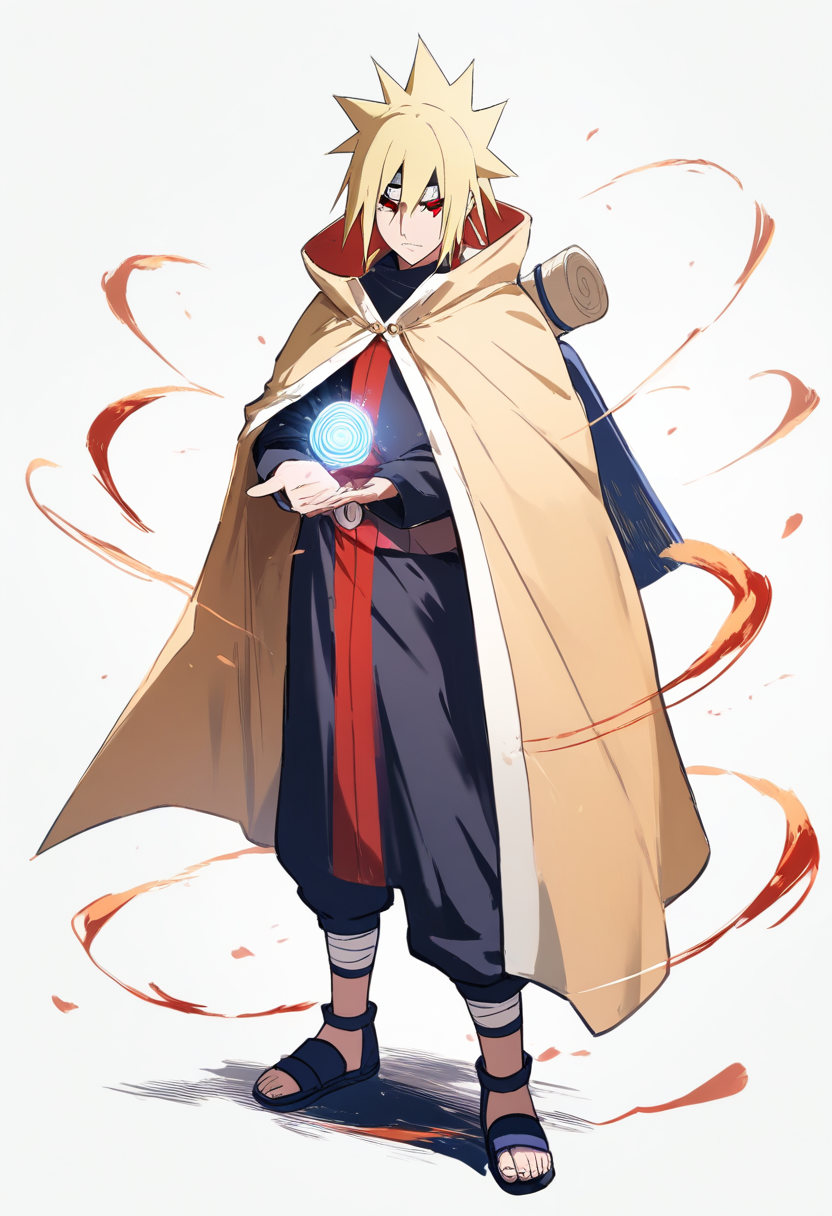 A sage mode user with orange toad sage cloak, red markings around eyes, spiky blonde hair, rasengan spiraling in palm