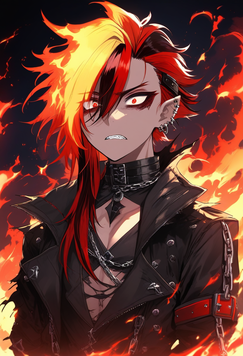 An edgy demon boy OC with sharp crimson eyes, black asymmetric hair with red streaks, torn dark jacket, chains and piercings, smoldering fire background