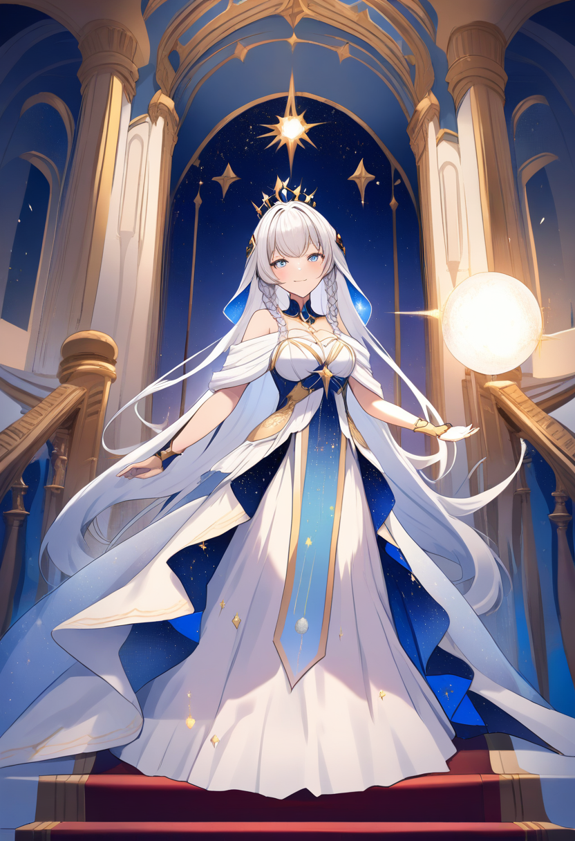 A regal fantasy princess OC with long platinum hair adorned with jeweled braids, flowing celestial gown, holding a glowing orb, starlit palace balcony