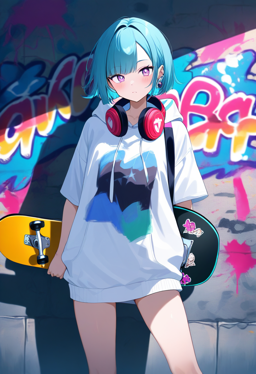 A cool modern streetwear OC girl with short teal bob cut, oversized graphic hoodie, headphones around neck, skateboard under arm, graffiti wall behind her