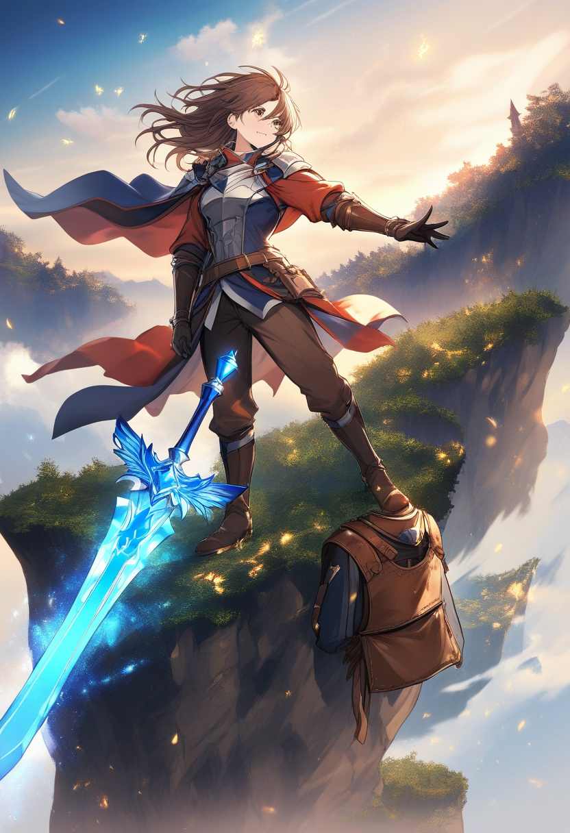 A brave young hero OC with messy brown hair and a scar across the cheek, worn leather armor, enchanted sword glowing blue, standing atop a windswept cliff