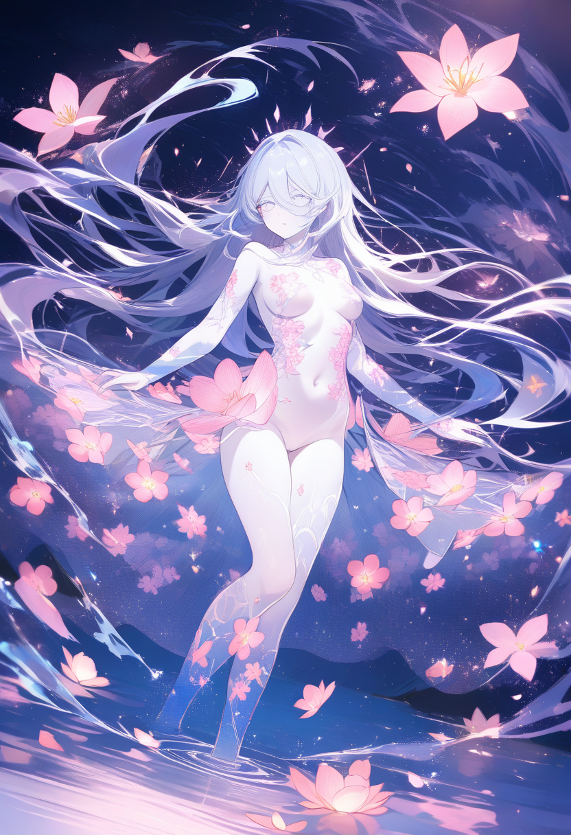 An ethereal spirit OC with translucent glowing skin, flowing hair that dissolves into mist, delicate floral patterns on body, floating above a moonlit lake
