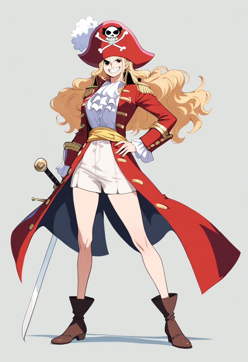 A pirate captain with red tricorn hat and jolly roger, long wavy golden hair, cutlass sword at hip, open red captain coat