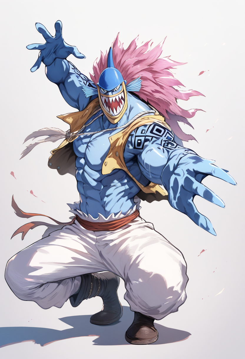 A fishman pirate with blue skin, sharp teeth, webbed hands, fin ears, fishman karate fighting stance, tribal tattoos on arms
