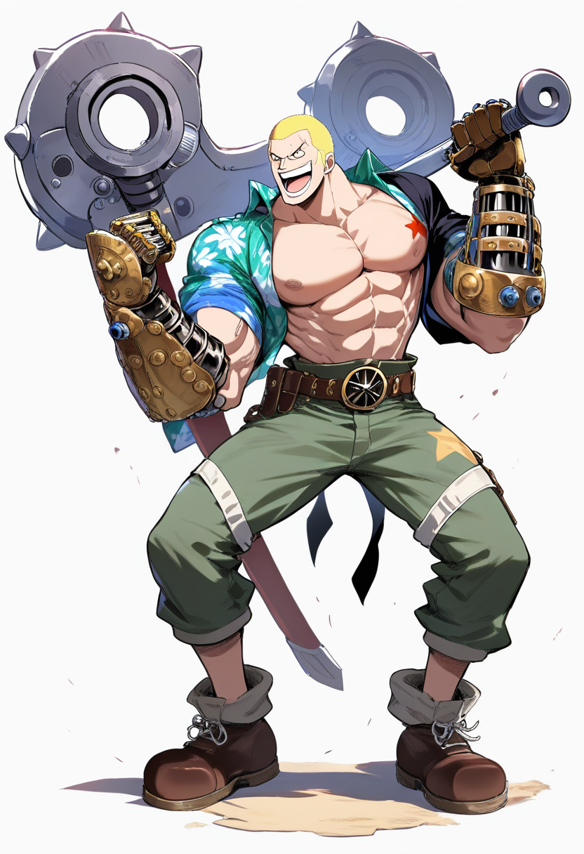 A shipwright pirate with massive muscular build, buzz cut blonde hair, star tattoo on forearm, giant wrench, cyborg arm details