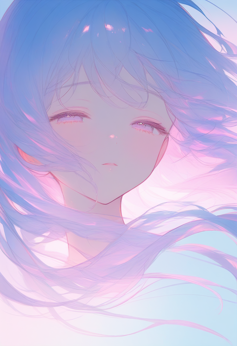 Aesthetic anime portrait with soft pink and blue lighting, dreamy half-closed eyes, flowing hair, minimalist pastel gradient background