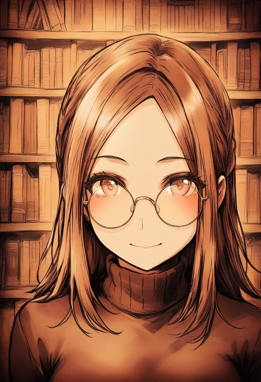 Dark academia style portrait, character with round glasses, turtleneck sweater, old library background, warm sepia tones, intellectual gaze
