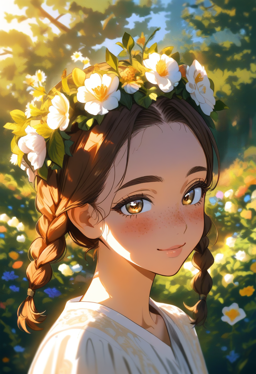 Cottagecore anime portrait, girl with braided hair and flower crown, freckles, soft smile, sunlit garden background, warm golden hour light