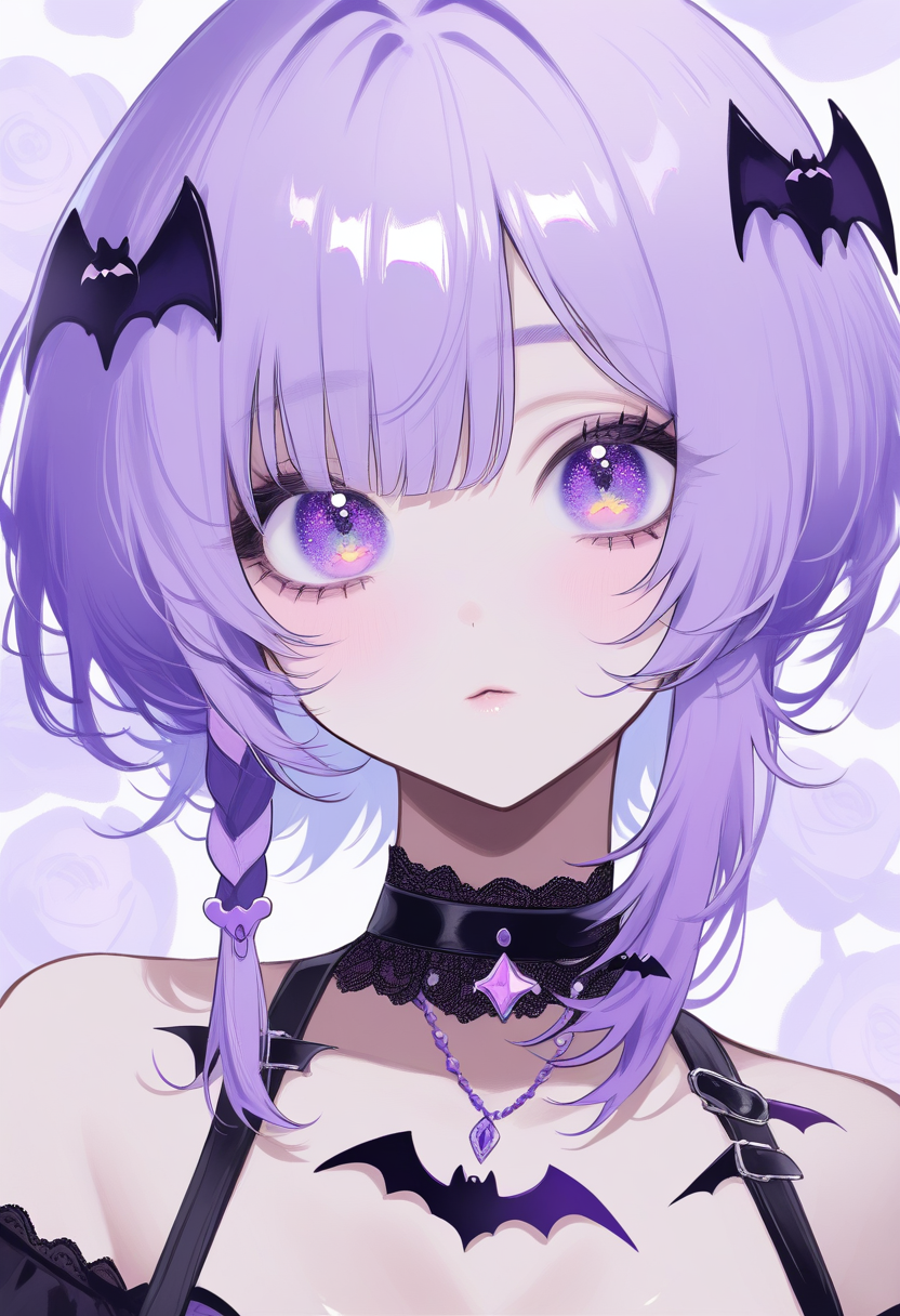 Pastel goth anime portrait, character with black and lavender hair, choker necklace, bat accessories, soft purple gradient, mysterious eyes