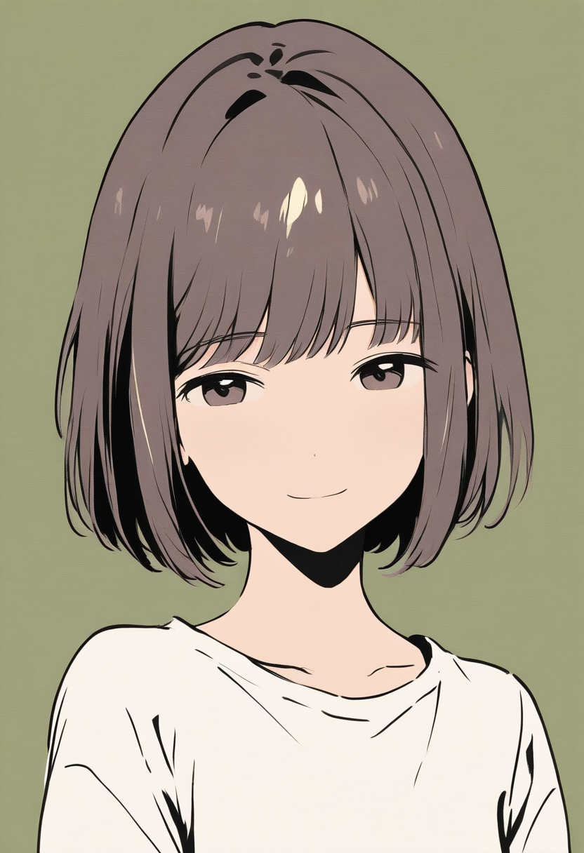 Clean minimalist portrait, character with short hair, simple white shirt, single-color flat background, subtle smile, modern illustration style