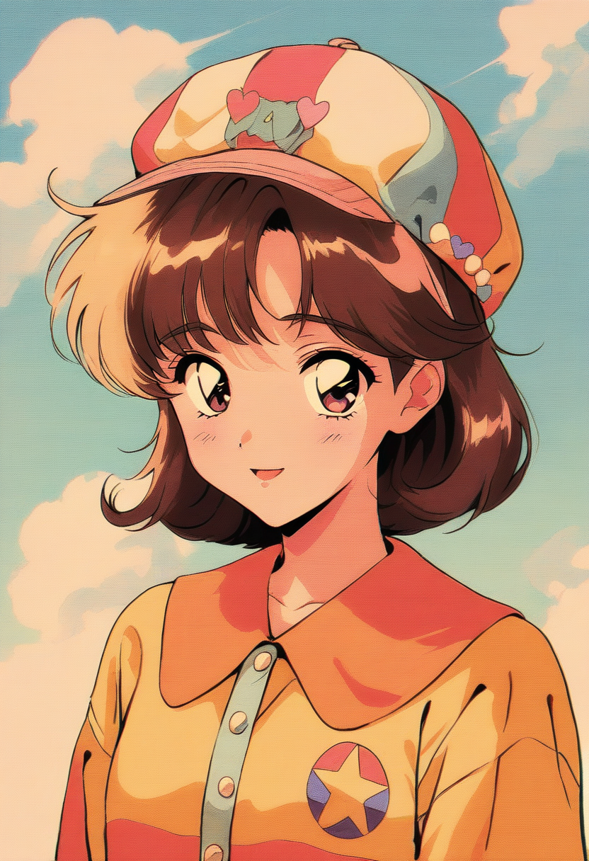 Vintage anime portrait with film grain, character in retro outfit, warm faded colors, old photograph aesthetic, nostalgic 90s anime feel