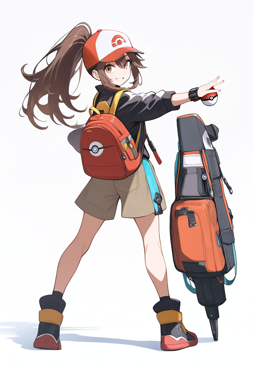 A pokemon trainer with red and white snapback cap turned backwards, long brown hair in ponytail, pokeball in raised hand, adventure outfit