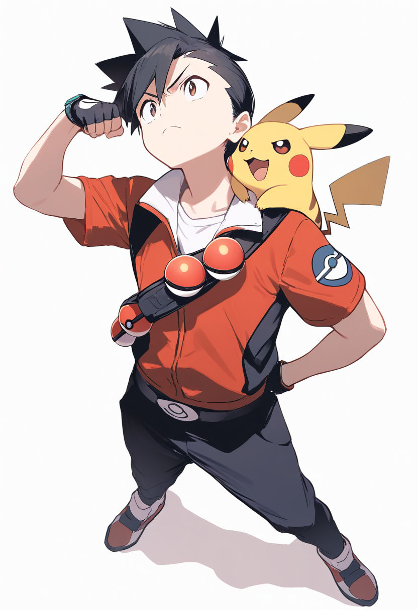 A pokemon trainer with spiky black hair, red jacket with white collar, fingerless gloves, electric mouse pokemon on shoulder, fist pump pose
