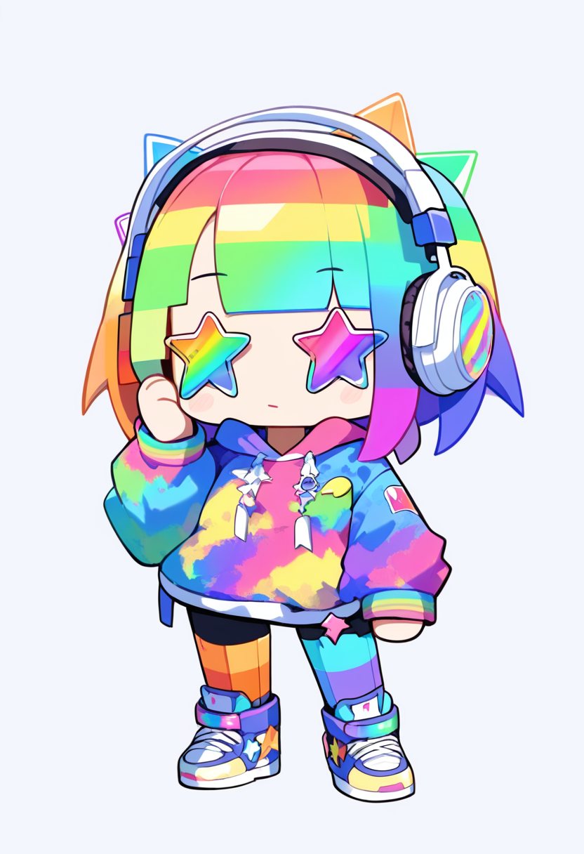 A blocky proportioned girl with long purple twintails, cat ear headband, pastel rainbow outfit, kawaii face on a pet island
