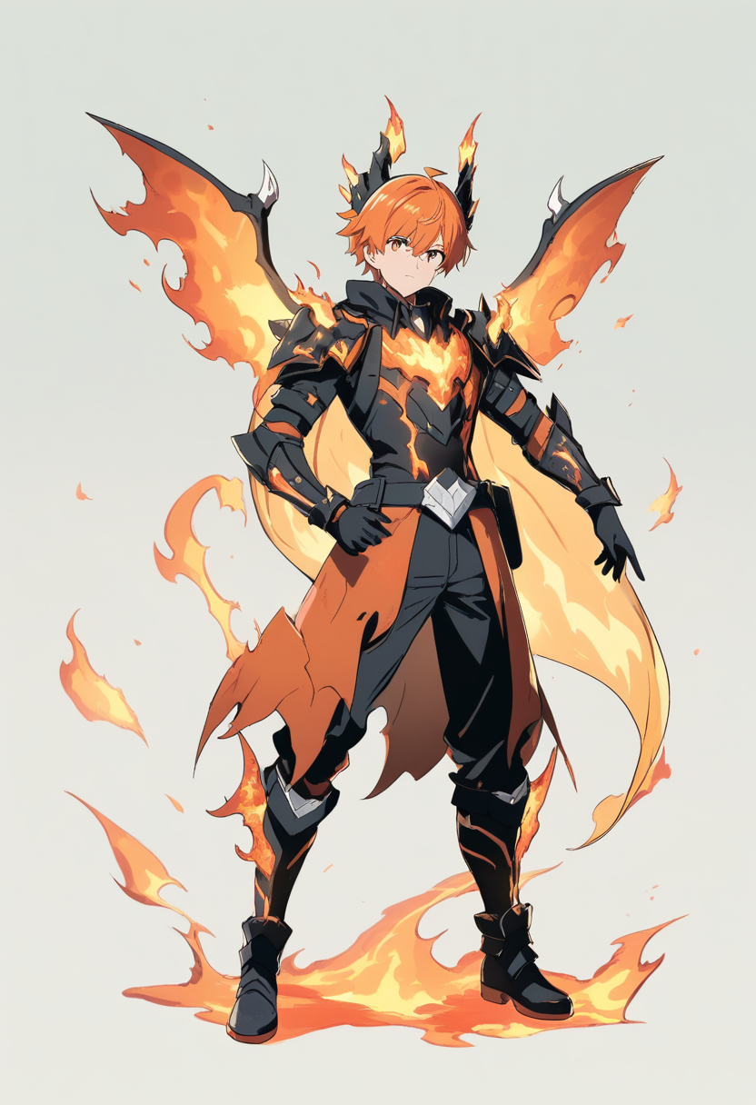 A blocky proportioned boy with flame-styled orange hair, dragon wings accessory, fire-themed armor at a lava tycoon base