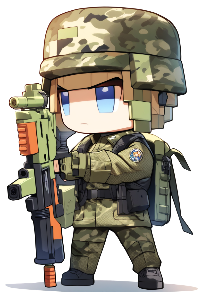 A blocky proportioned boy with brown military cut hair, tactical vest, camo pants, paintball gun in a battlefield arena