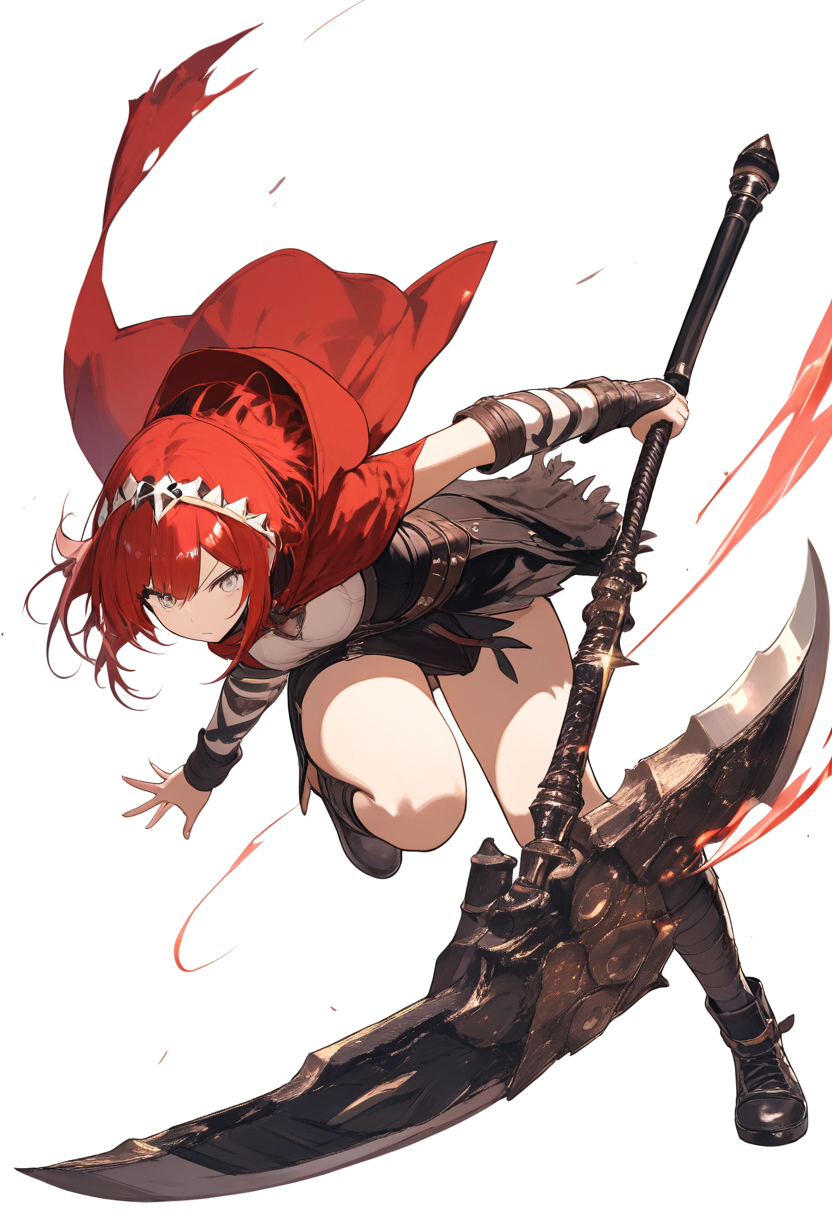 A huntress with red hooded cloak, black corset, combat skirt, large scythe weapon, silver eyes, black and red hair in an action pose