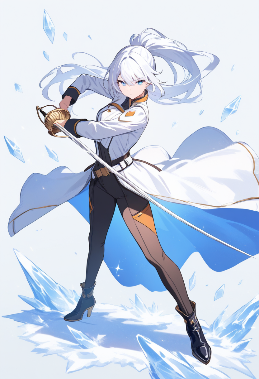 An atlas military huntress with white coat, rapier weapon, ice dust crystals, long white ponytail, blue eyes in an elegant combat pose