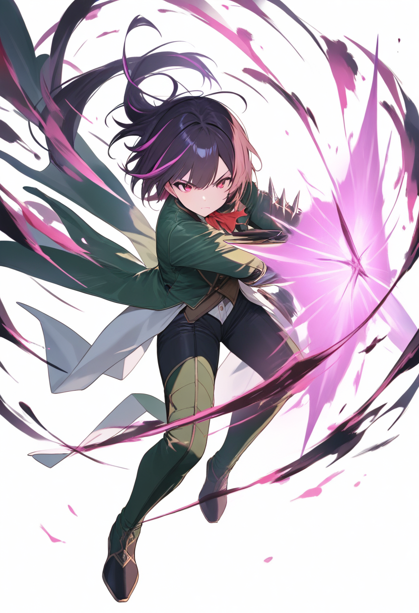 A huntsman in green tailcoat with dual daggers, magenta streak in dark hair, aura shield effect in a martial arts stance