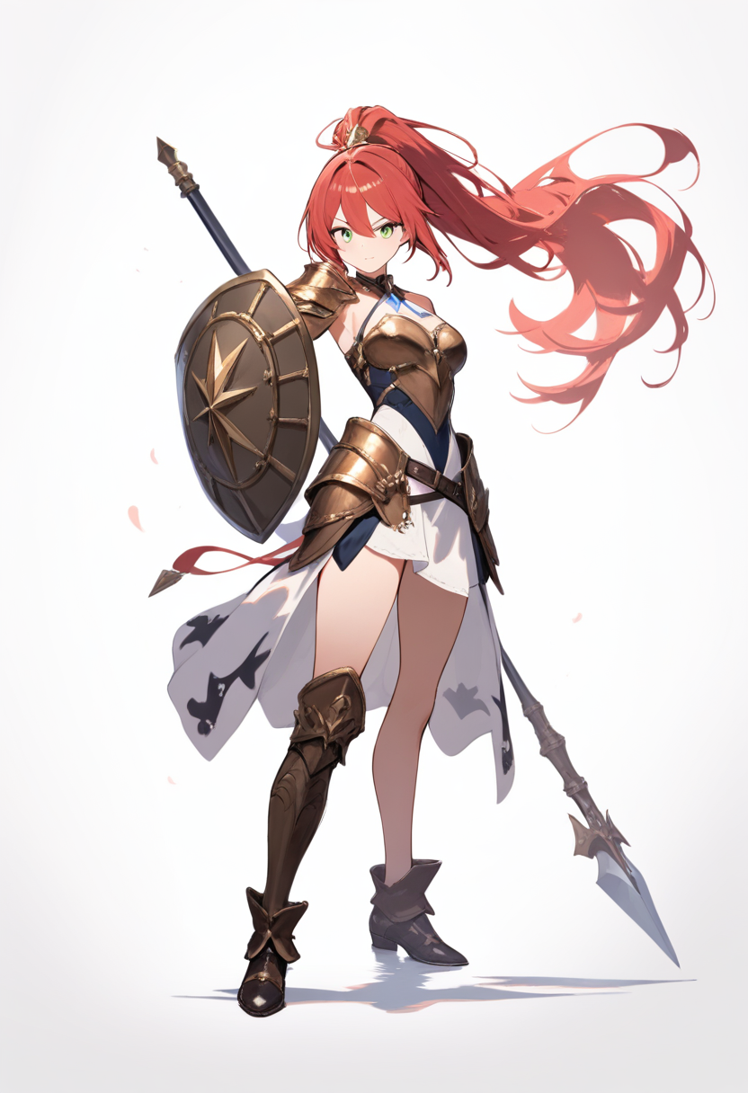 A mistral huntress with bronze armor pieces, spear and shield, red hair in ponytail, green eyes in a warrior standing pose