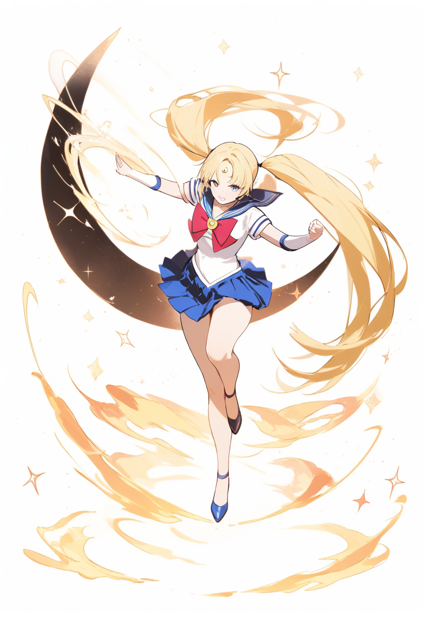 A sailor scout with twin tails blonde hair, red bow, crescent moon forehead mark in a magical transformation pose with sparkles