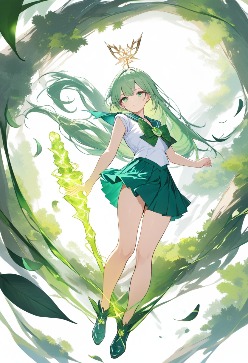 A sailor scout with long green hair and green eyes, oak leaf motif, green pleated skirt, nature magic lightning rod