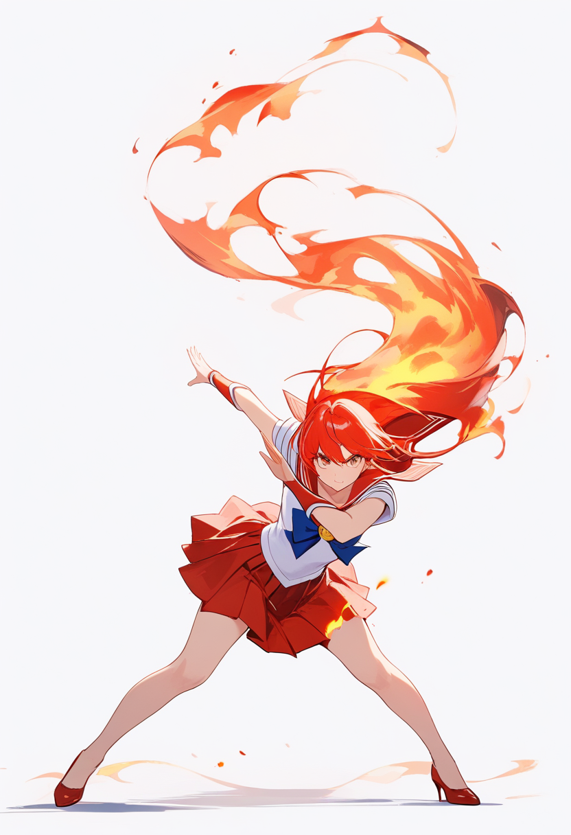A sailor scout with fiery red hair, red high heels, flame motif, mars fire attack pose with ofuda charms