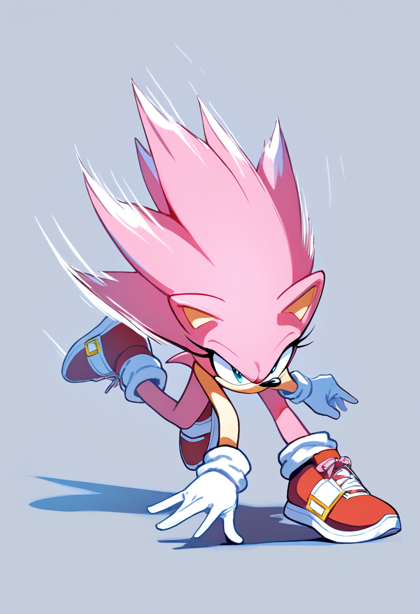An anthropomorphic pink hedgehog with long quills styled downward, cyan eyes, red sneakers with white stripe, adventurous running pose