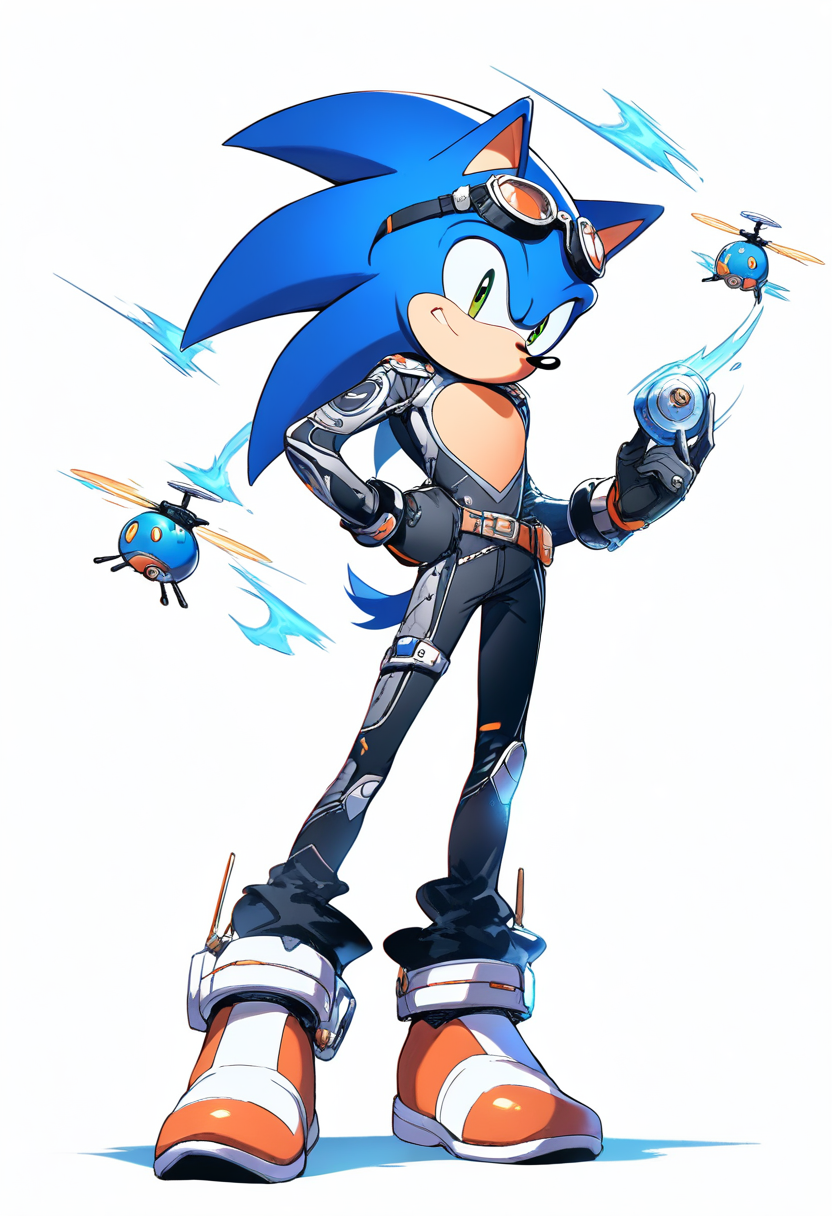 An anthropomorphic blue fox with two tails, orange chest fur, white-tipped tails spinning like helicopter, goggles on forehead