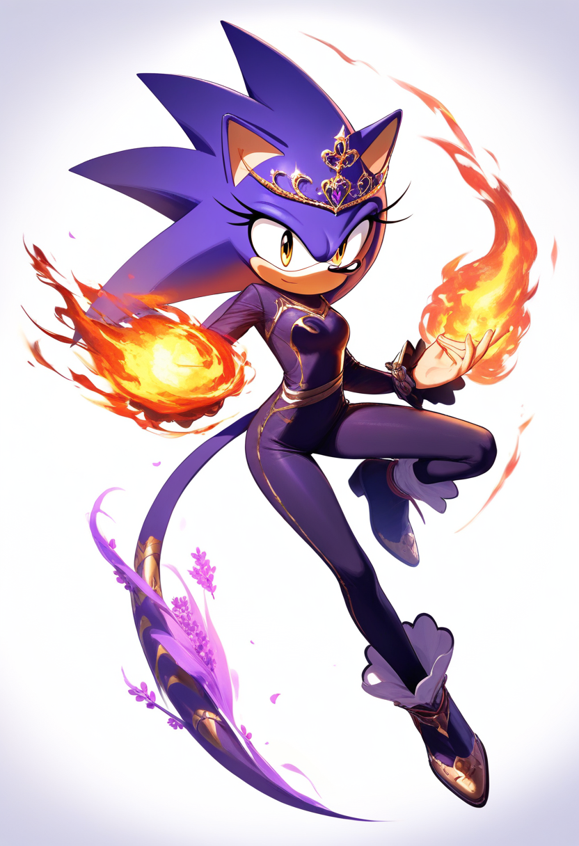 An anthropomorphic purple cat with long tail with flame tip, golden eyes, lilac fur, pyrokinesis fire around hands, royal tiara