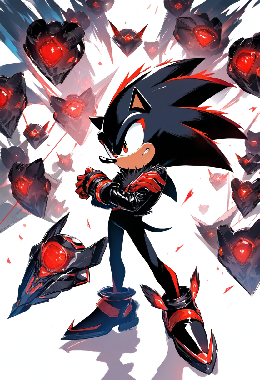 An anthropomorphic black hedgehog with red streaks on quills, red eyes, hover shoes with jets, chaos emerald glowing in hand